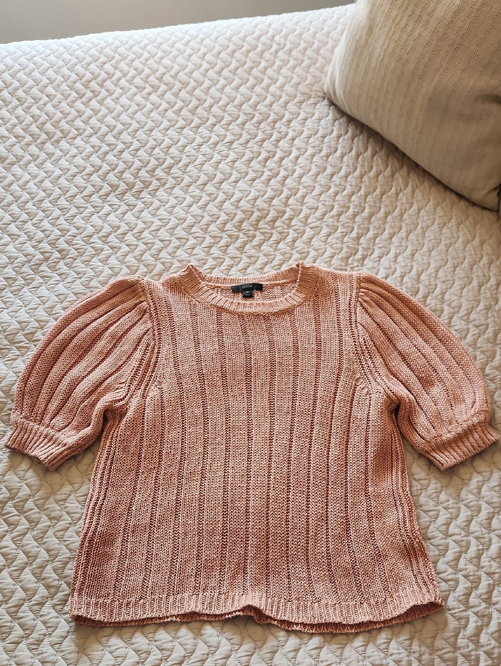 J. Crew Peach Ribbed Puff-Sleeve Crewneck Sweater